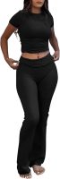Women's 2 Piece Lounge Outfits Slim Short Sleeve Tops Low Rise Flare Leggings Sets Yoga Sweatsuit