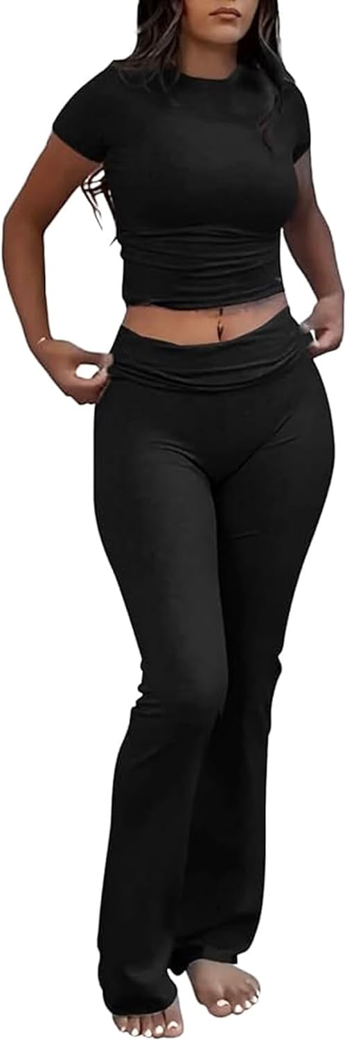 Women's 2 Piece Lounge Outfits Slim Short Sleeve Tops Low Rise Flare Leggings Sets Yoga Sweatsuit
