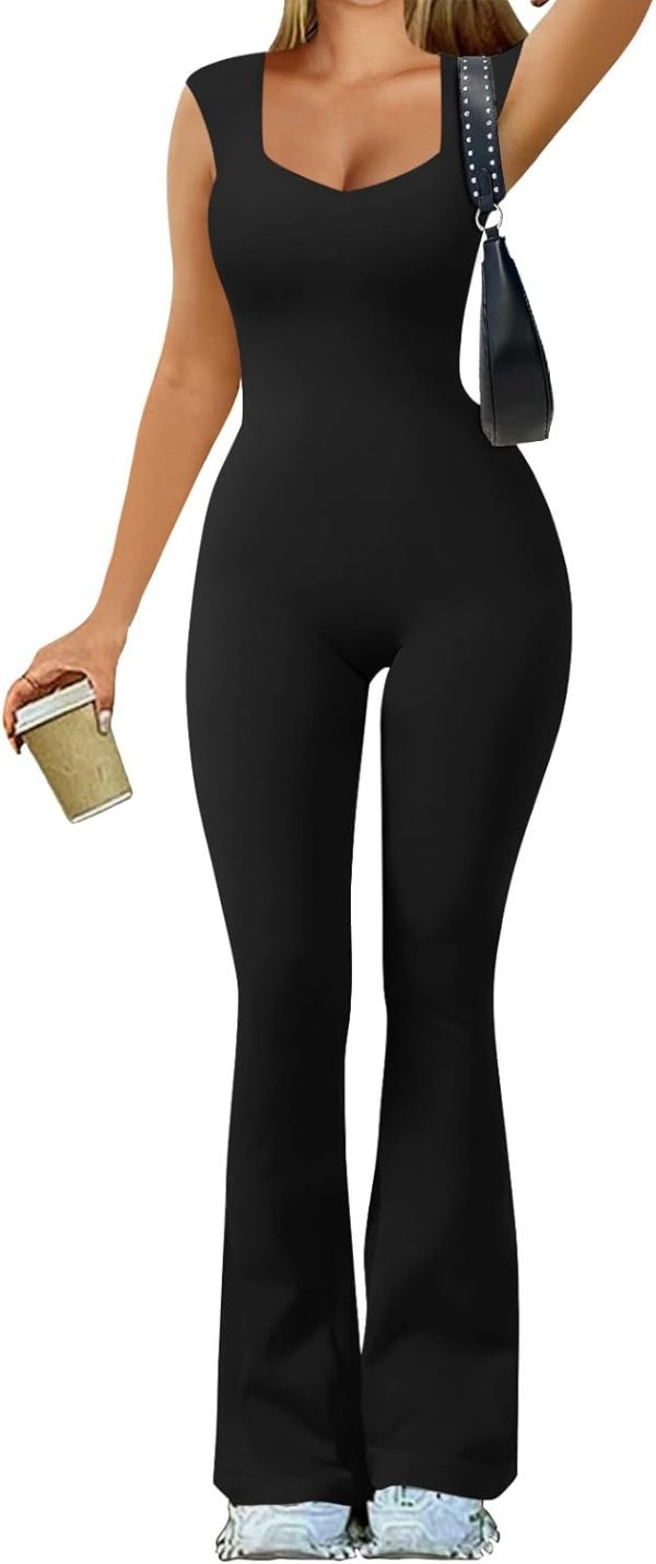 Women Yoga Jumpsuits Double Lined Sweetheart Neck Sleeveless Bell Bottoms Flare Jumpsuits Trendy Clothes