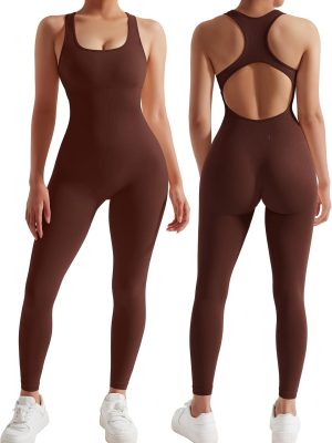 Women Backless One Piece Jumpsuits Sleeveless Scoop Neck Bodycon Romper Seamless Workout Yoga Jumpsuits