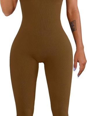 Women Workout Seamless Jumpsuit Yoga Ribbed Bodycon One Piece Tank Top Leggings Romper